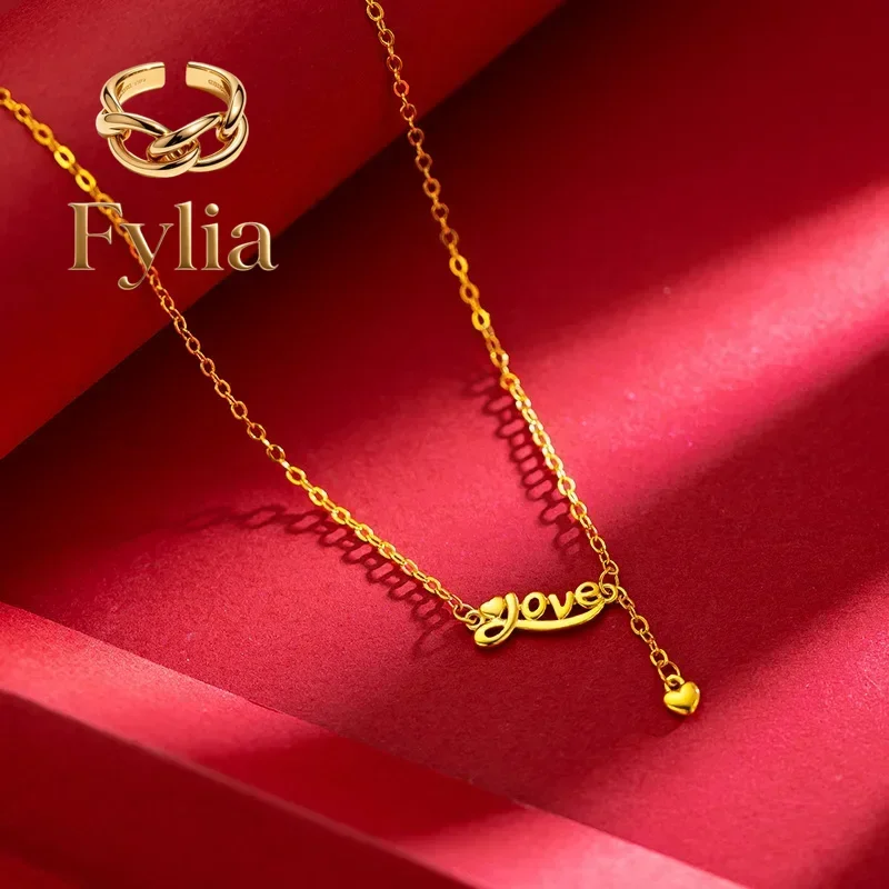 Fylia Jewelry   9999 24K Real Yellow Gold Sweet Fashion 'Love' Necklace for Collarbone Enhancement