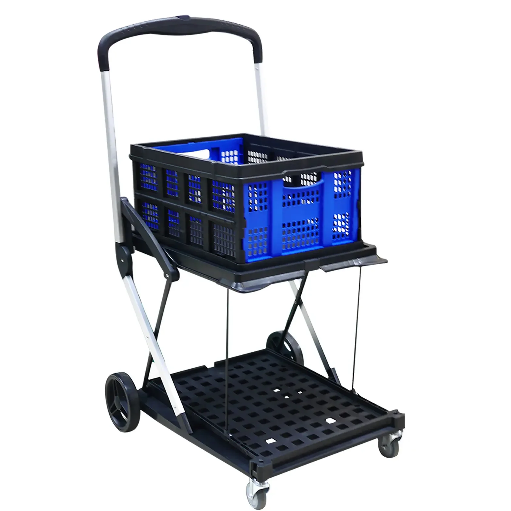 Multi-Use 2-Tier Folding 198 lbs Capacity Collapsible Utility Storage Cart with Wheels for Grocery Luggage Moving Office Use