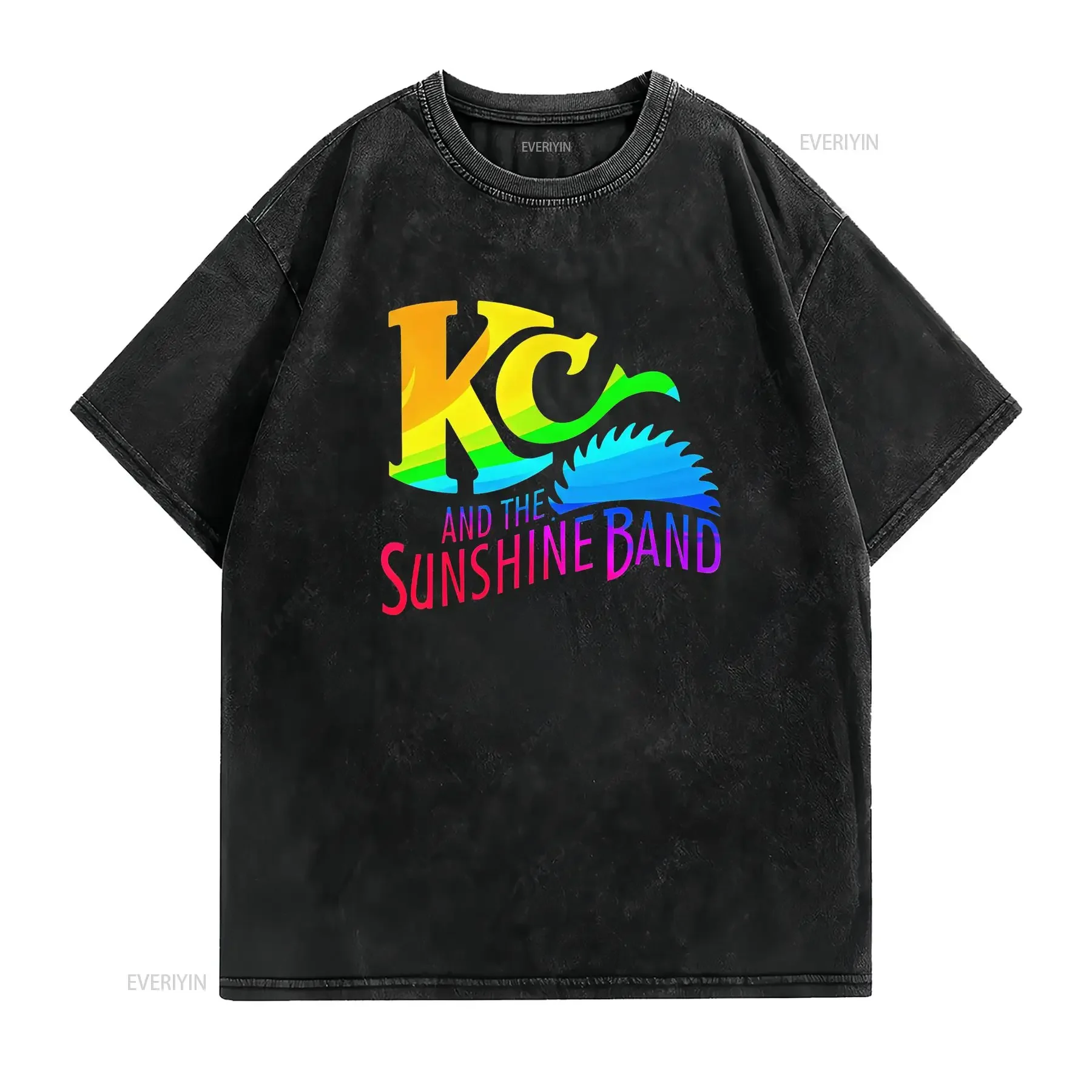 Vintage 70s Disco KC And The Sunshine Band Rainbow Gradient Print Casual T Shirt vintage Washed Stylish graphic Stretched Soft