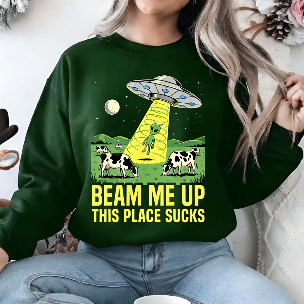 

Толстовка Beam Me Up This Place Sucks с забавной цитатой, одежда из фильмов, научная фантастика, инопланетянин, космический юмор, одежда унисекс, пуловер для мужчин и женщин