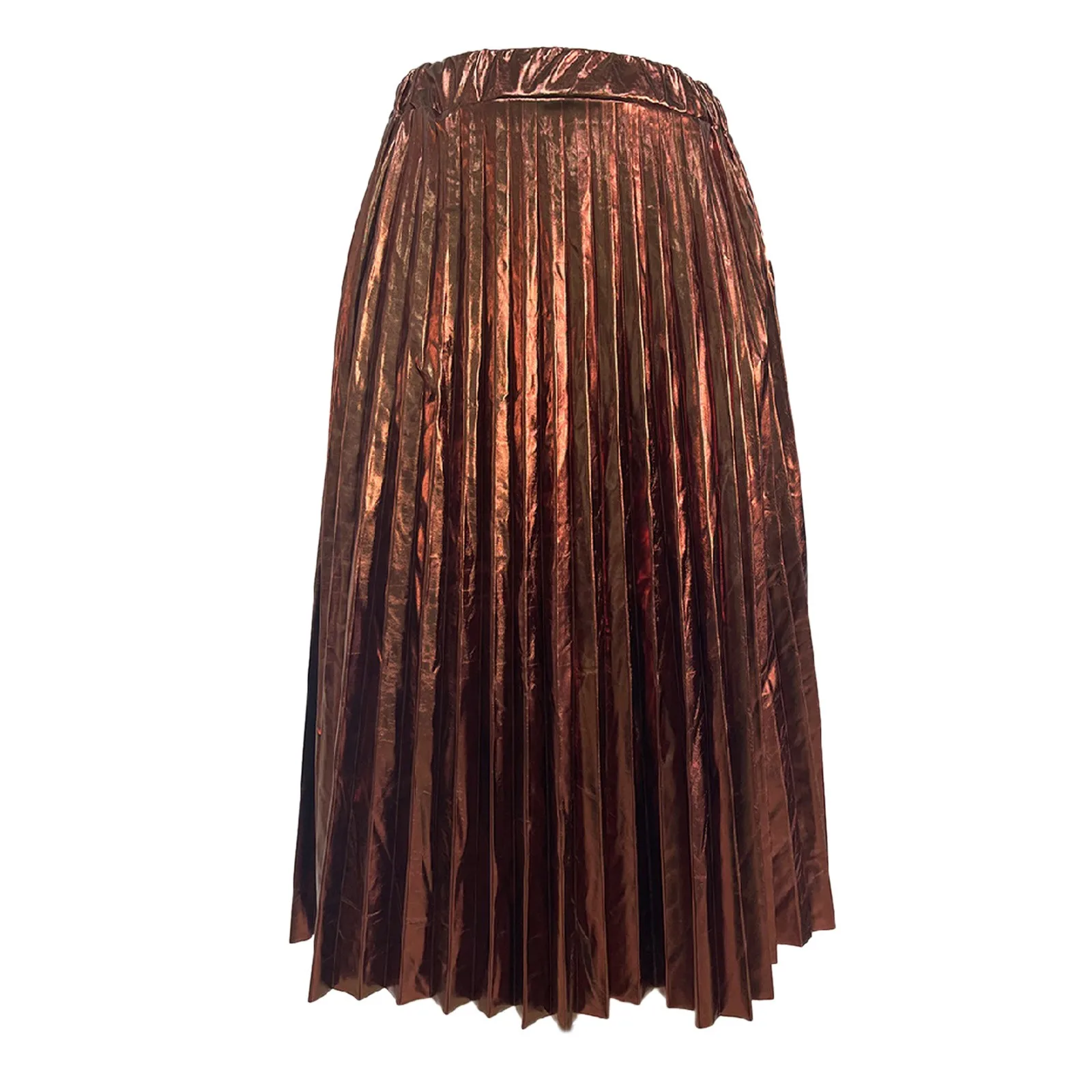 Elegant Women's Midi Skirts High Hot Stamping Shiny Silver Solid Color Pleated Skirts High Waist A Line Temperament Lonng Skirt