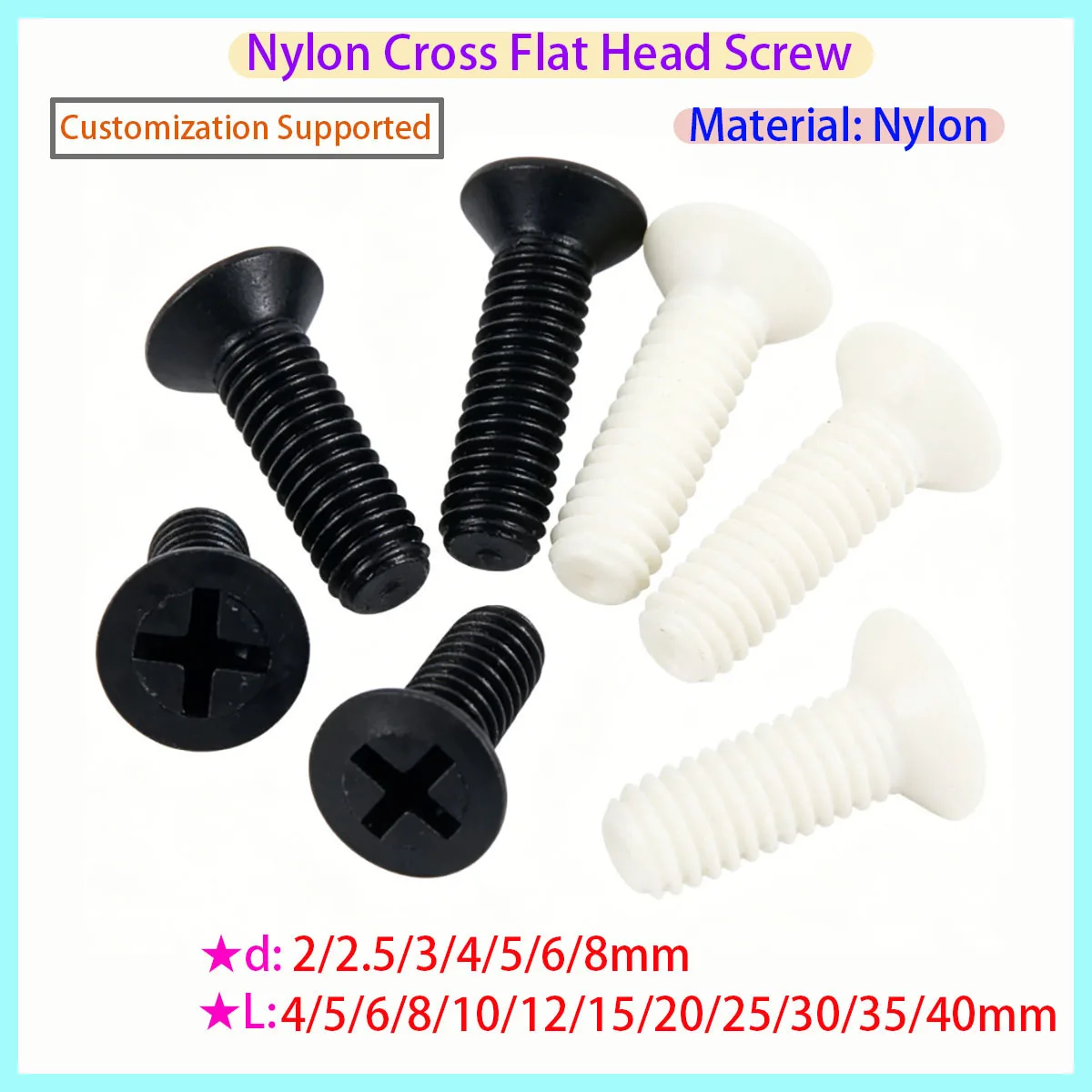 

White/black Nylon Plastic Countersunk Cross Head Bolt M2 M2.5 M3 M4 M5 M6 M8 Length 4/5/6/8/10/12/15/20/25/30/35/40mm