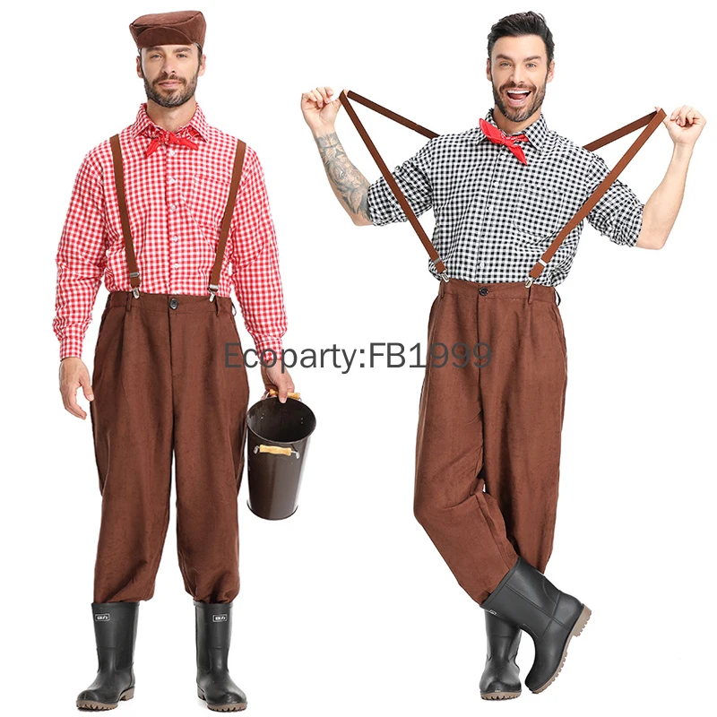 Disfraz de granjero pionero Colonial Medieval para hombre, camisa a cuadros Vintage para adulto, conjunto de pantalones con tirantes, vestido de fiesta de Halloween