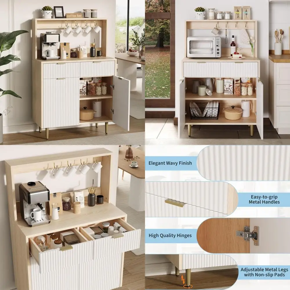خزانة بوفيه خشبية حديثة مع أرفف قابلة للتعديل وتخزين الأدراج وميزة بار القهوة #1