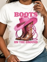 Women's Vintage Western Cowgirl Graphic Tee Short Sleeve Round Neck T-Shirt with Boots on the Ground Design Cowboy Event Clothin