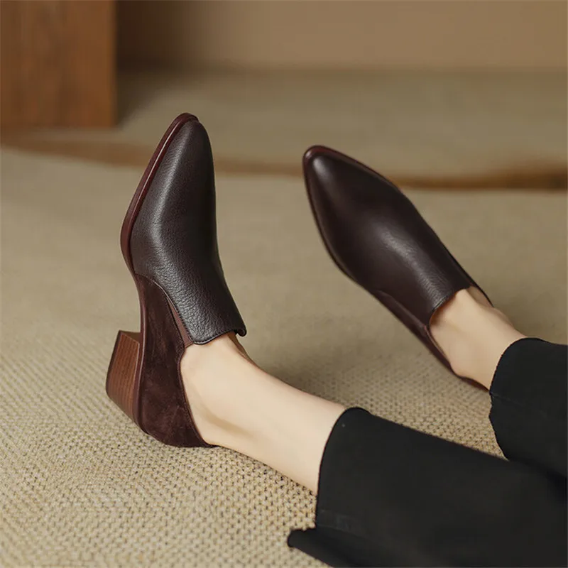 2023 New Autumn Women Loafers Genuine Leather Pointed Toe Chunky Heel Shoes Winter Women Pumps Shoes for Women Zaptos De Mujer