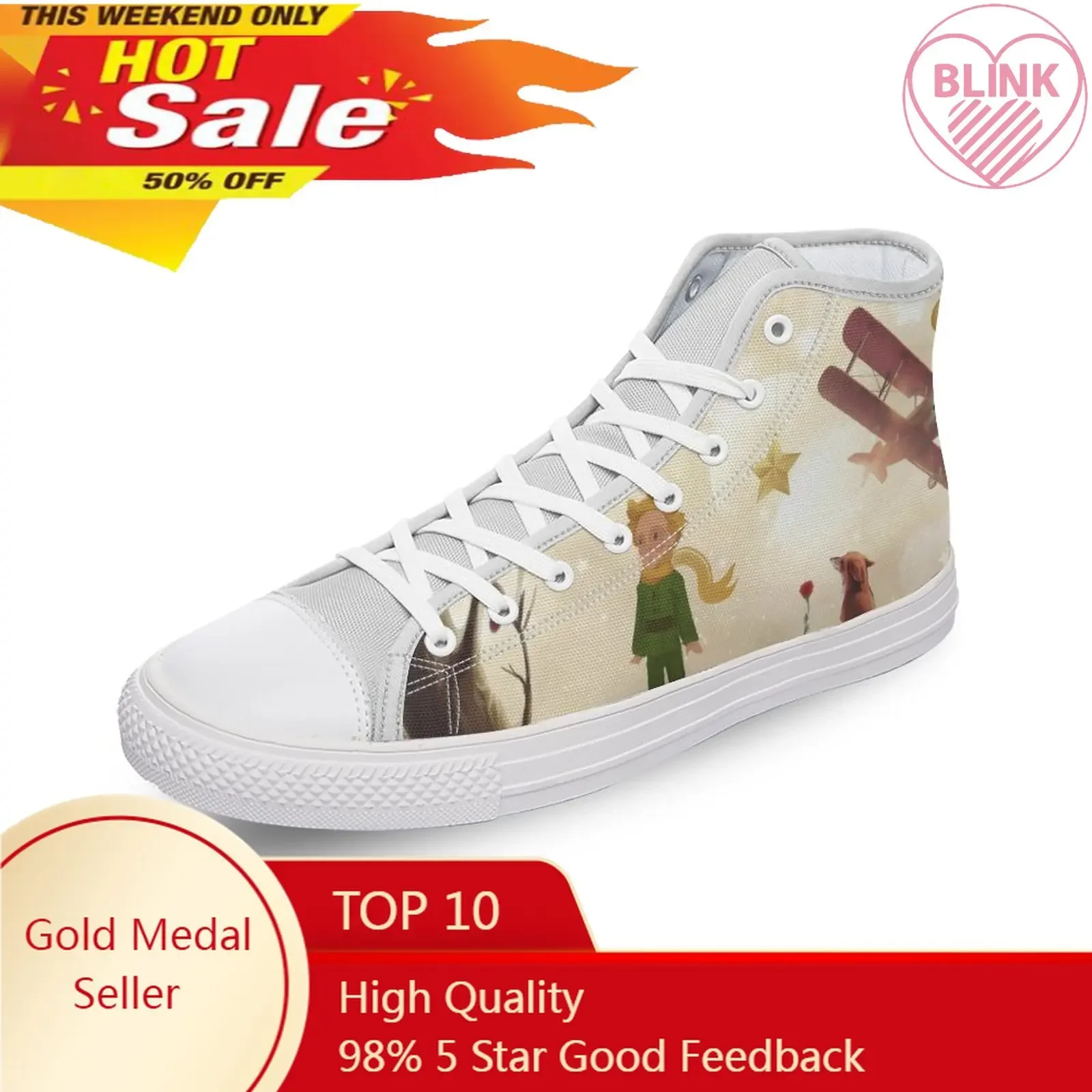 Baskets montantes en toile de dessin animé pour hommes et femmes, chaussures décontractées de luxe, chaussures plates à la mode, impression 3D Anime, petit prince mignon