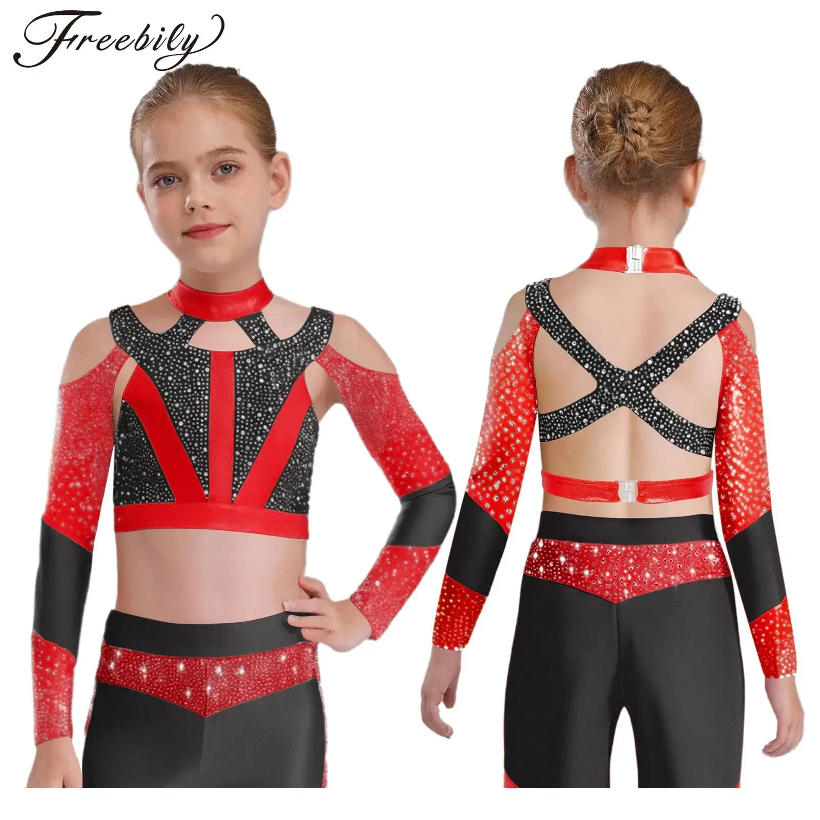 

Детские укороченные топы с блестящими стразами и вырезом для джазовых танцев для девочек, костюм для фигурного катания, гимнастики, акробатики