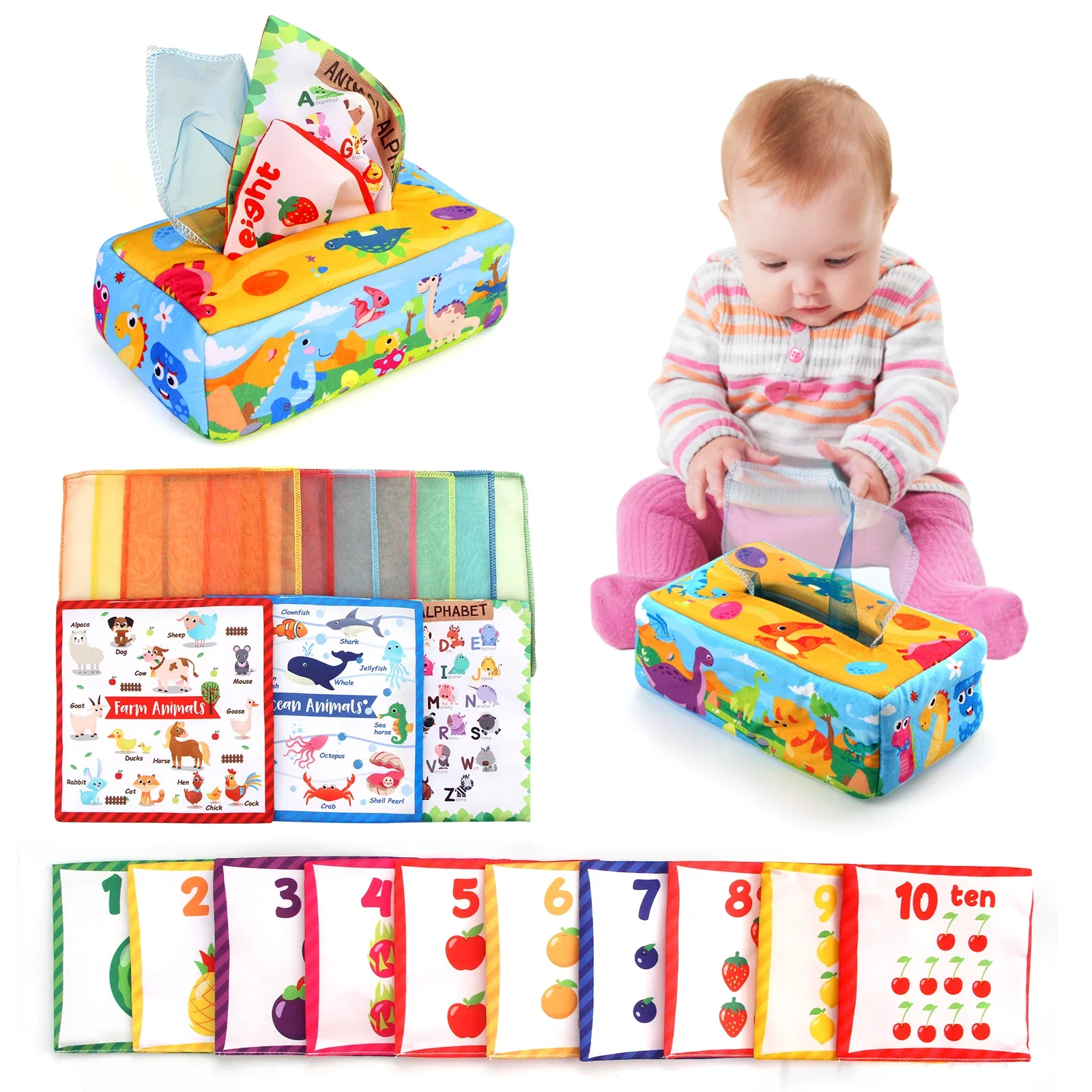 صندوق مناديل الطفل الملونة لينة لعبة حسية ل 0-18 متر طفل إصبع ممارسة ضخ وشاح حريري الهدايا ألعاب تعليمية مونتيسوري #1