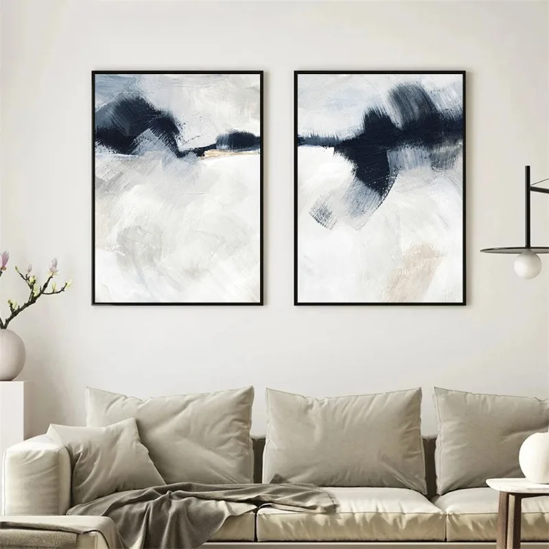 Abstract Gray Navy Blue Beige Posters and Prints Canvas Painting Neutral Modern Wall Art Picture for Living Room Home Decoration