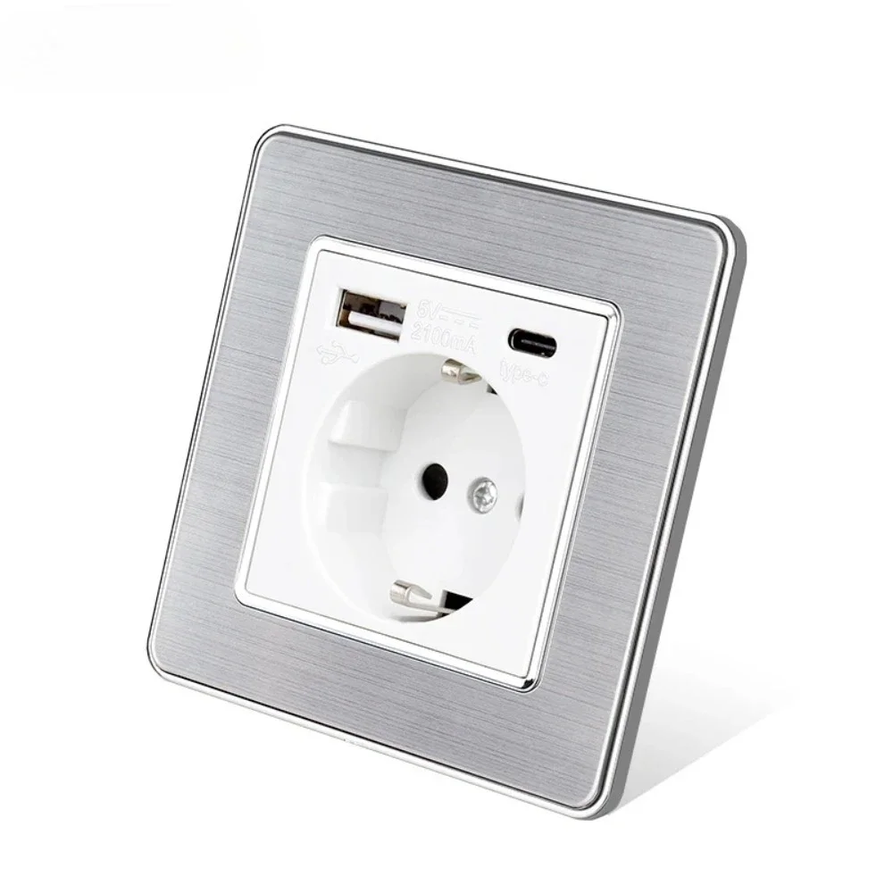 Type-C USB EU / Spain / Russia Grey Wall Power Socket Holder Stainless Steel Panel Fast Charger with Phone Outlet