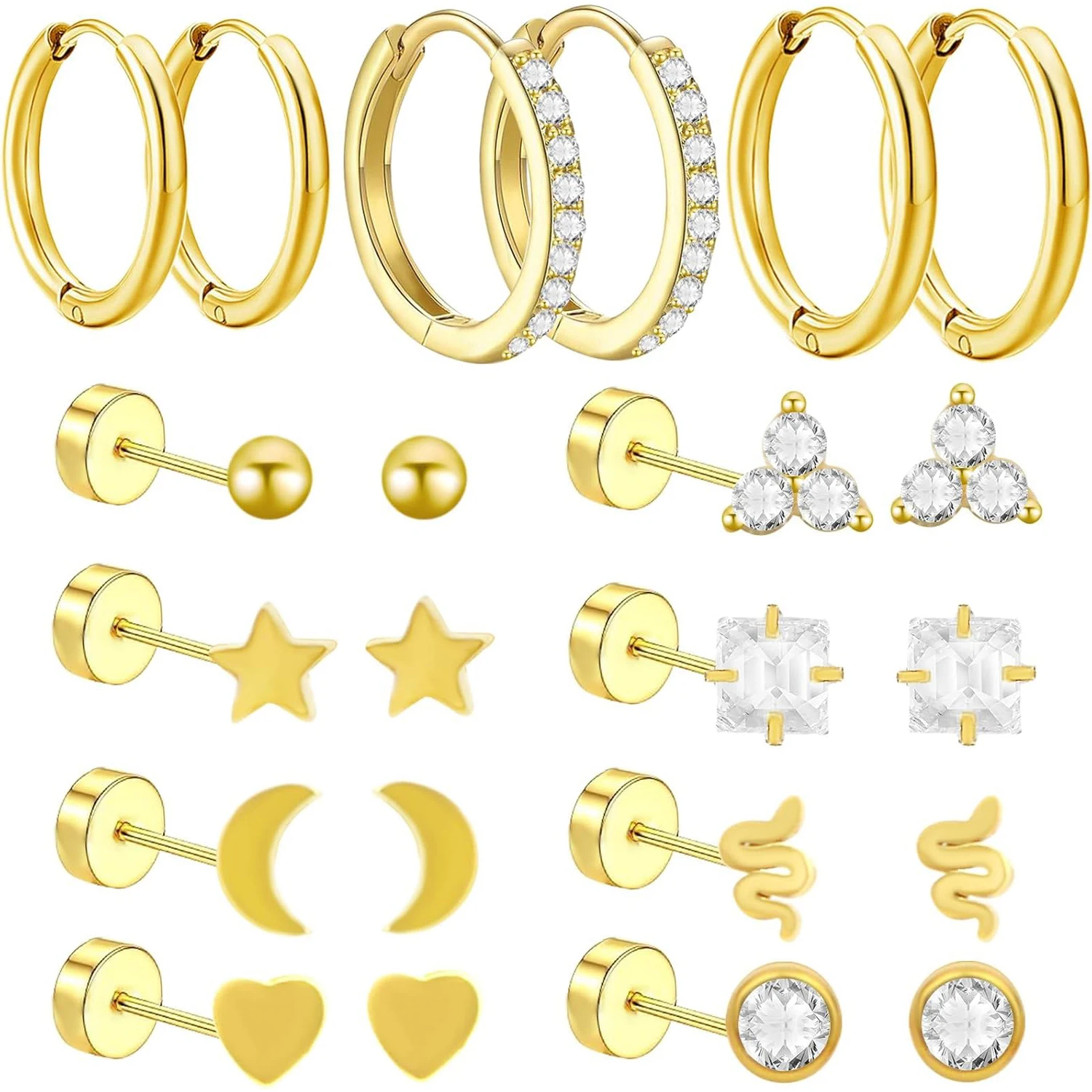 

11 Pairs 0.8mm Hypoallergenic Flat Back Earrings Golden Surgical Steel Star Moon Earring Studs Huggie Hoop Cartilage Earrings