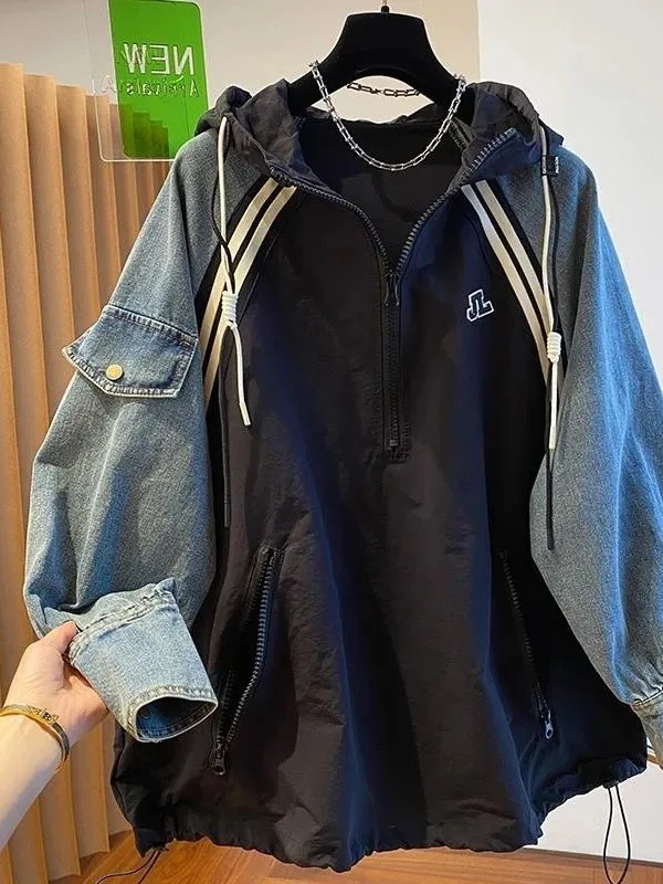 

Large Size Hoodie Zipper Splicing Denim Autumn Winter Warm Casual ex Long Sve Sweatirt with Hood for Youth