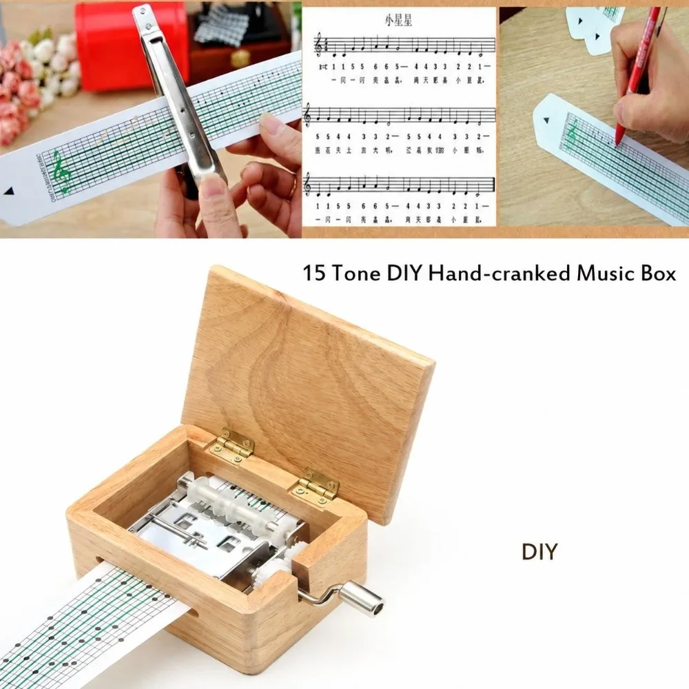 15 Tone Wooden Music Box Paper Tapes Wooden Material Small Musical Box Hand Cranked Mechanism Hole Puncher Musical Instruments