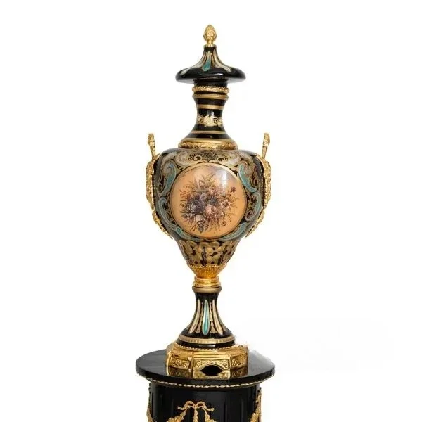 Antique-style decorative porcelain and gold brass vases with floral paintings and elegant black pedestals