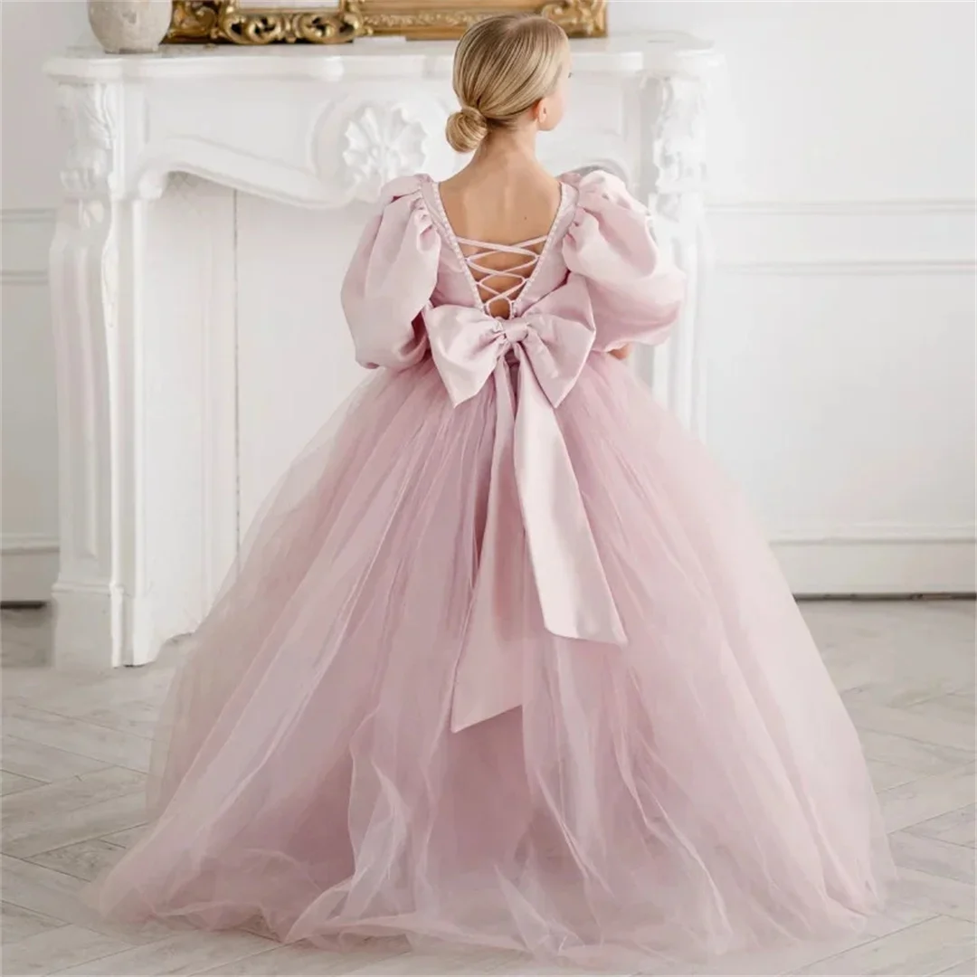Communion Banquet Princess Flower Girl Dresses Dusty Pink Birthday Holy Gowns Pearls Neck With Bow Half Sleeve