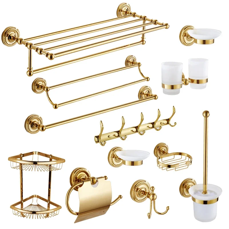 Estante de baño de estilo europeo, toallero dorado, Hardware de latón completo, colgante, gancho para abrigos y soporte para escobilla de baño, Estante Para Baño