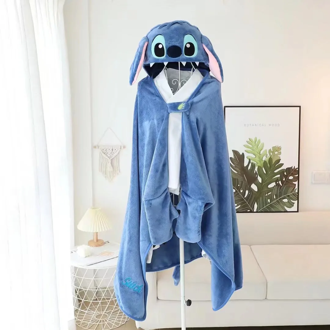 New Disney Cartoon Stitch Hooded Cape Children Shawl Thickened Warm Nap Cape Kawaii Office Blanket Anime Character Dry Hair Hat