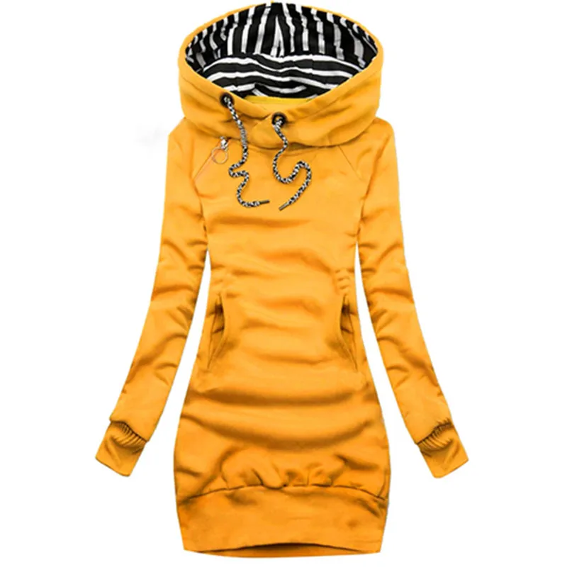 

Women Autumn and Winter Slim Long Sleeve Hoodie Dress Solid Color Small Zip Hoodie Long Dress Pull Rope Jumper Hoodie Dress