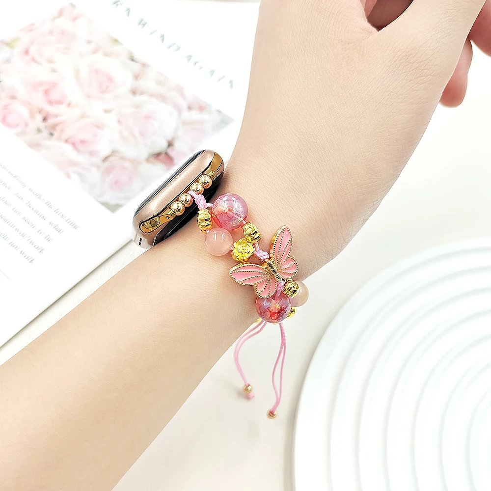 Correa de mariposa de colores para Apple Watch, pulsera con cuentas florales, cadena para Iwatch 40, 41, 42, 44, 45, 49mm, joyería para mujer