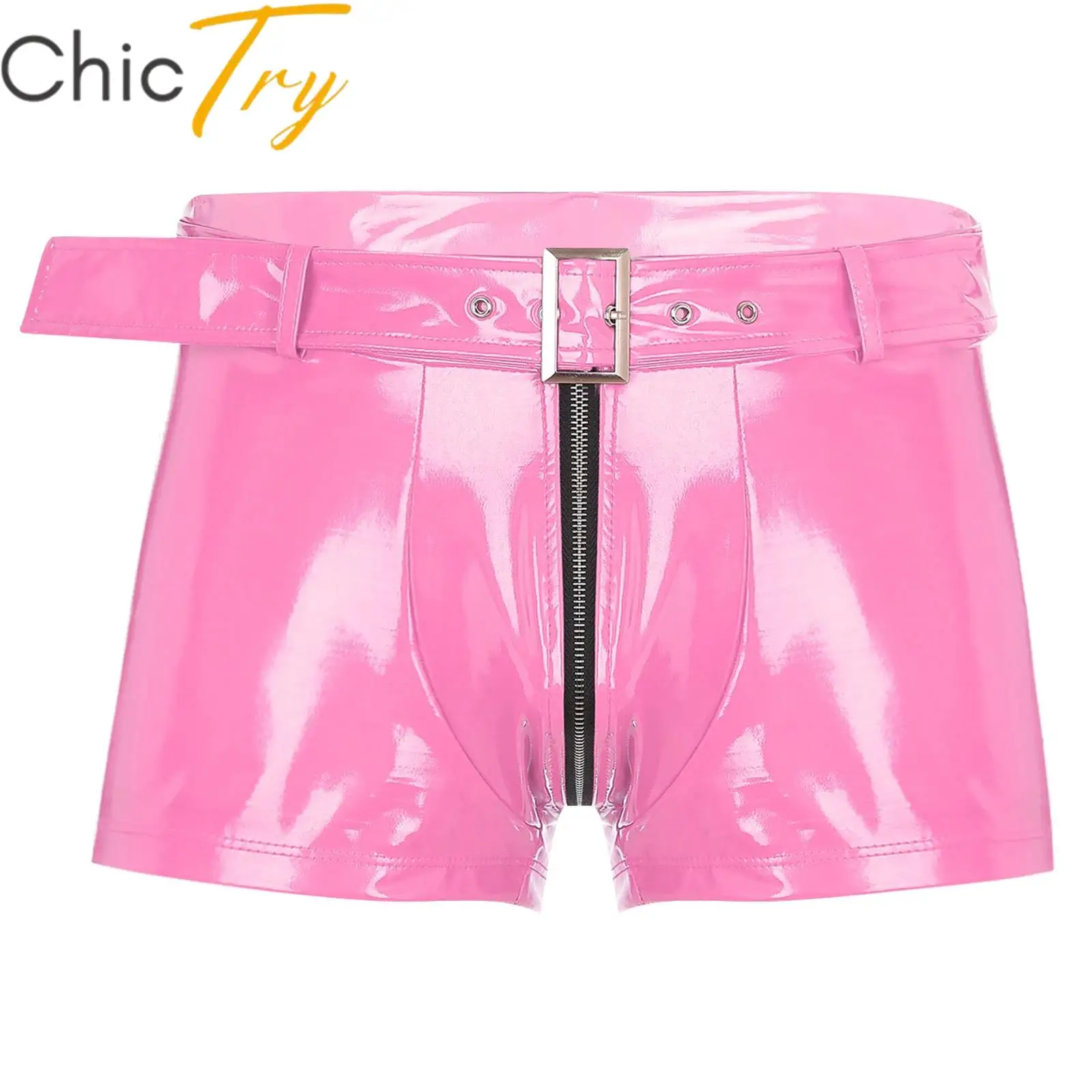 Men's Boxer Shorts Wet Look Latex PVC Leather Zipper Shorts Bottoms Bulge Pouch Boxer Brief Clubwear Party Hot Pants Nightwear