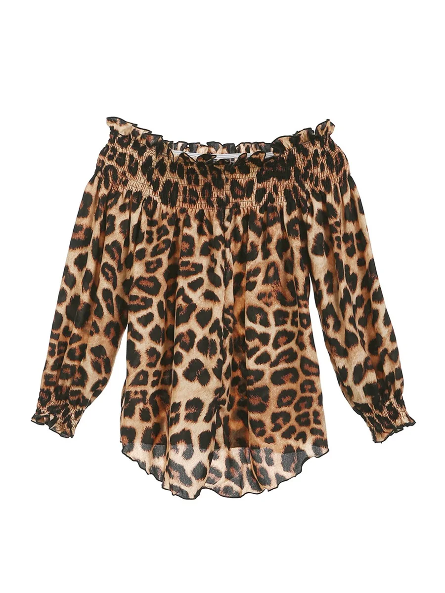 Ladies Sexy T Shirt Top Fashion One Shoulder Leopard Print Long Lantern Sleeve Loose Casual Blouse