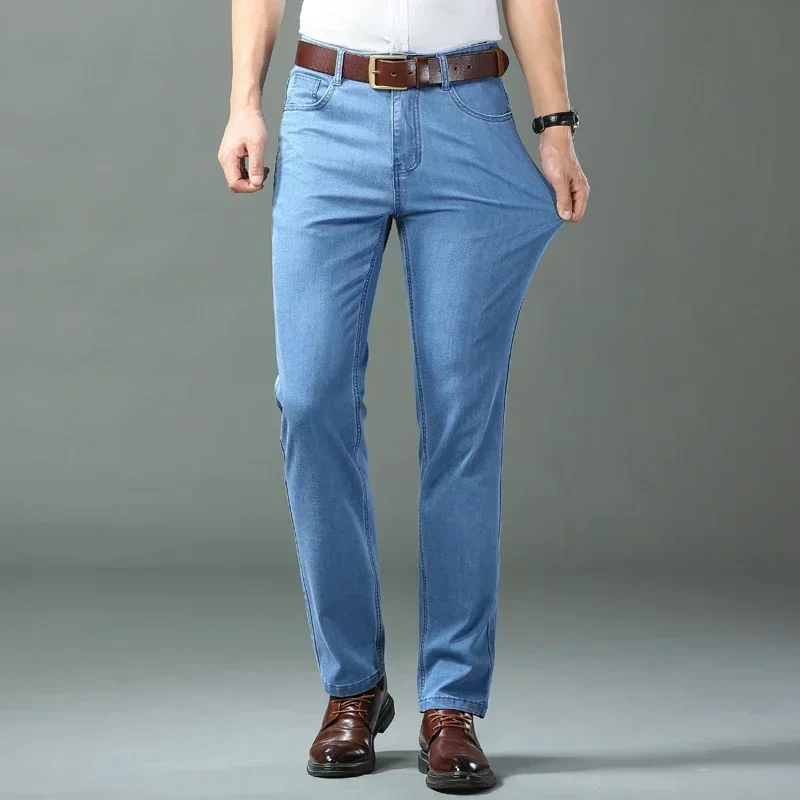 Jean droit en coton extensible pour homme, pantalon léger et décontracté, taille haute, en soie glacée, collection printemps été 2023