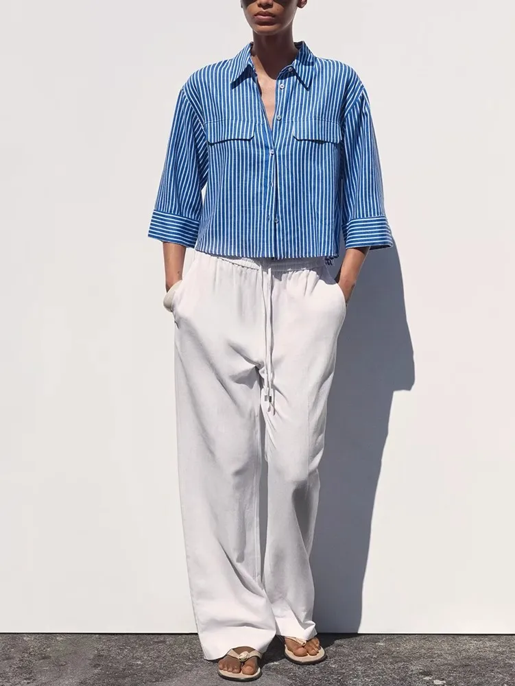 

2025 Summer New Women's mat Versatile Wide Sve Collared Casual irt Commute Sle Loose Fit Long Sve Ne