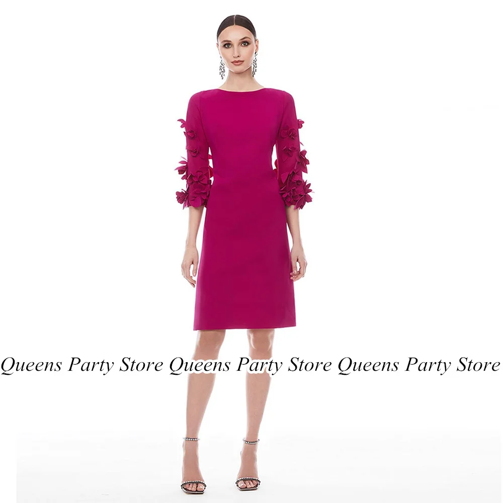 

Short Mother of The Bride Dress Jewel Neck Flower 3/4 Sleeves Knee Length Woman Party Gown Fuchsia Wedding Guest Dresses