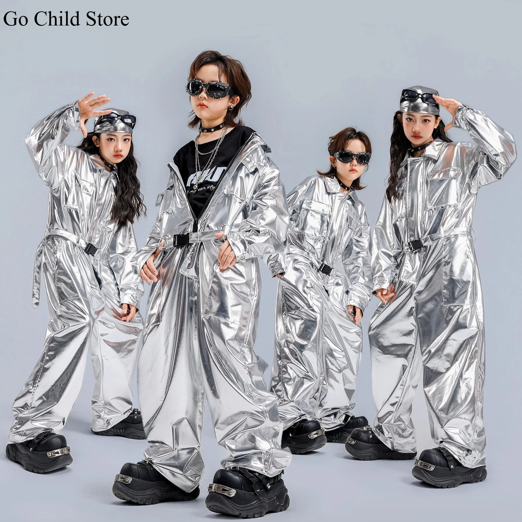 

Детские серебристые блестящие комбинезоны для уличных танцев, комбинезоны для мальчиков в стиле хип-хоп, штаны-карго для девочек, комбинезон, одежда, детская уличная одежда