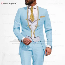 Terno de casamento azul luxuoso personalizado para homens, tailcoat, botões dourados, jaqueta, colete, calças, smoking, melhor moda, 3 pcs