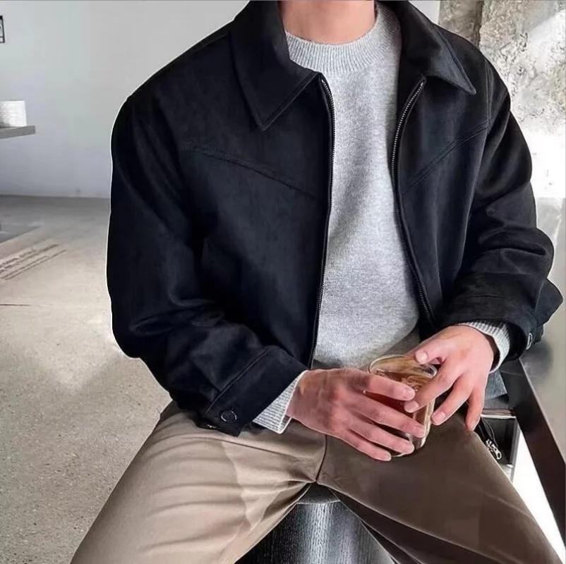 Cappotto marrone nero da uomo primavera autunno Top allentato di fascia alta inverno nuova giacca corta con cerniera Streetwear Vintage