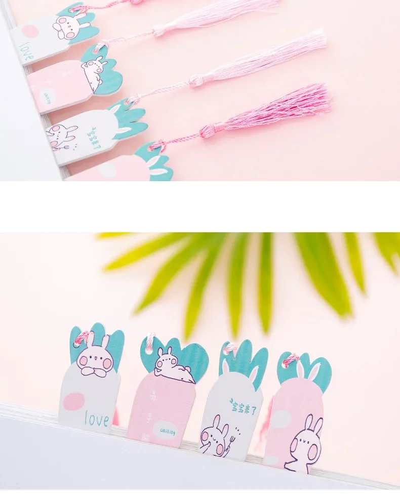 4pcs Bookmark Clip Girl Heart Carrot Rabbit Fringe Hanging Sticker Creative Cartoon Wooden Bookmarks Student Bookmark Clip