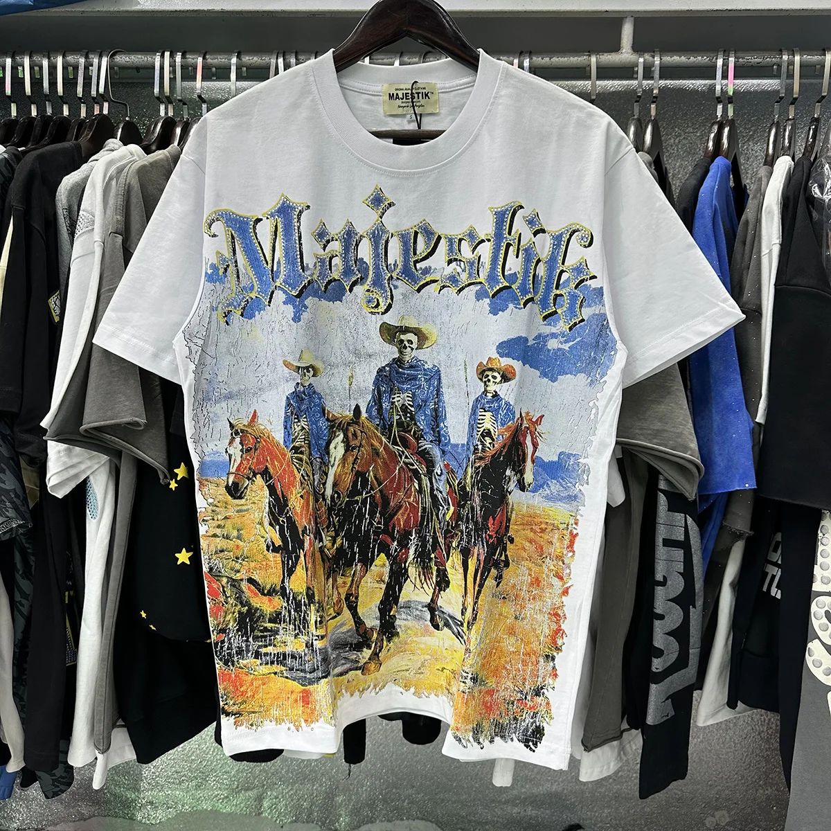 

Футболка унисекс с ковбойским принтом, круглым вырезом, стразами и коротким рукавом, летняя, с блестящими стразами, оверсайз