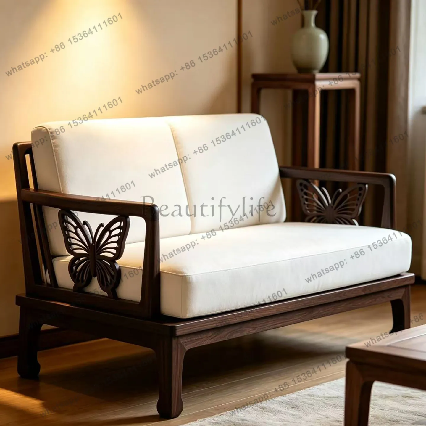 

YJ new Chinese sofa North American black walnut straight row small apartment creative style fabric leisure sofa