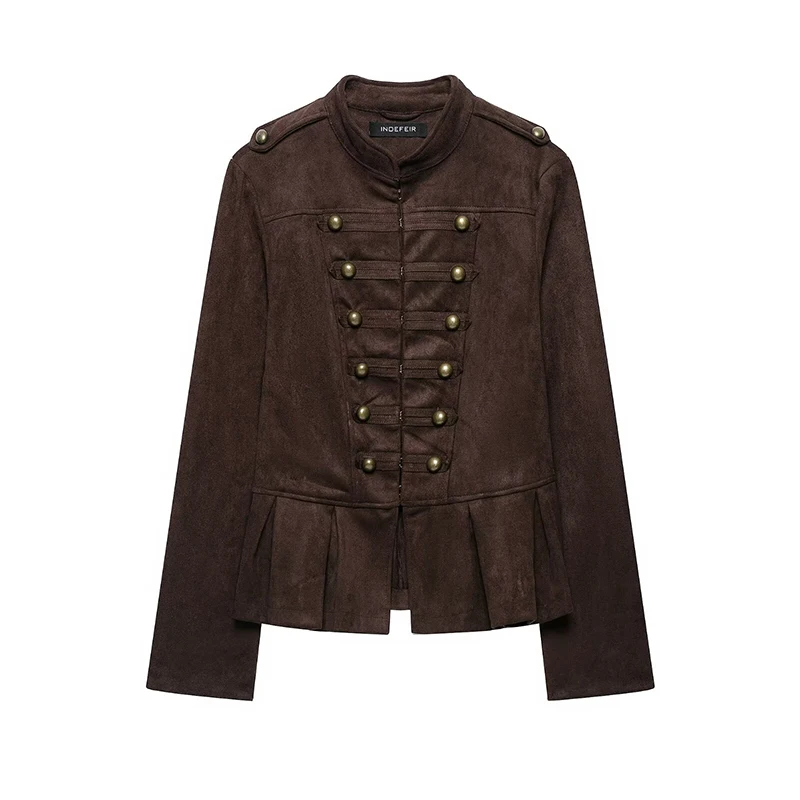 YENKYE New Women Autumn Brown Peplum Button Jacket Long Sleeve Stand Collar Retro Coat