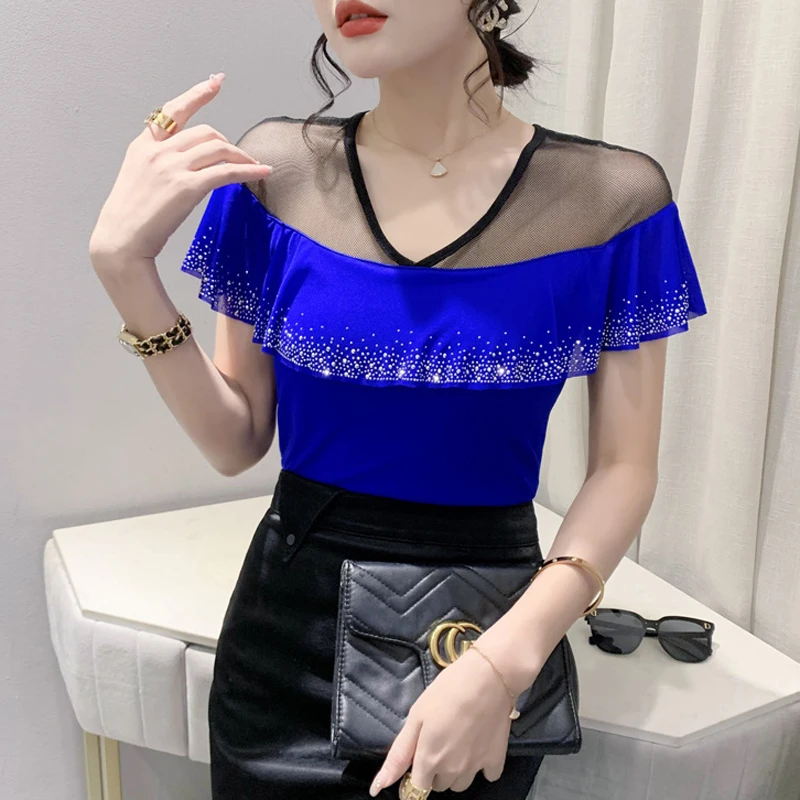 2024 Summer New Style Mesh Fashionable V-neck Hollow-out Ruffle Hot Drill Slim-fit All-match Short Sleeve &