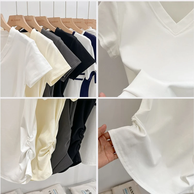 AOSSVIAO Women Short Sleeve T-shirts Casual V-Neck Solid Slim Tee Summer 2025 Simple Versatile T Shirt Female Y2K Tops Clothes