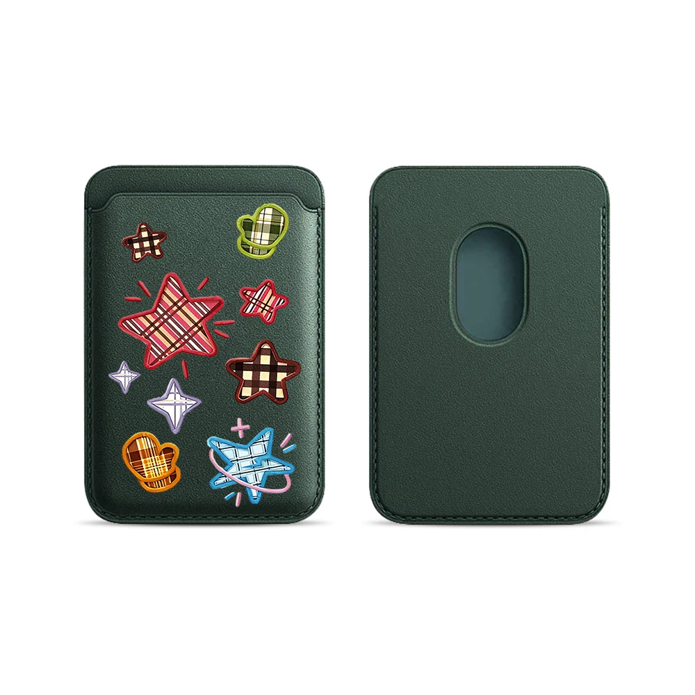 Modische Kartenhalterhülle aus Leder mit Karomuster und Sternenmuster, geeignet für alle iPhone-Hüllen, Magsafe magnetische Kartenhalterung, Rückentasche für das Handy. – Detail 17