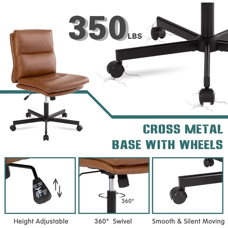 Armless Office Desk Chair With Wheels, Mid-Back Criss Cross Swivel Task Chair, Height Adjustable Cushioned Vanity Chair (Brown)