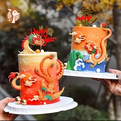 Chinese Style Happy New Year Cake Topper Dragon and Phoenix Topper Birthday Cake Decoration Supplies for Mon Dad Birthday Party