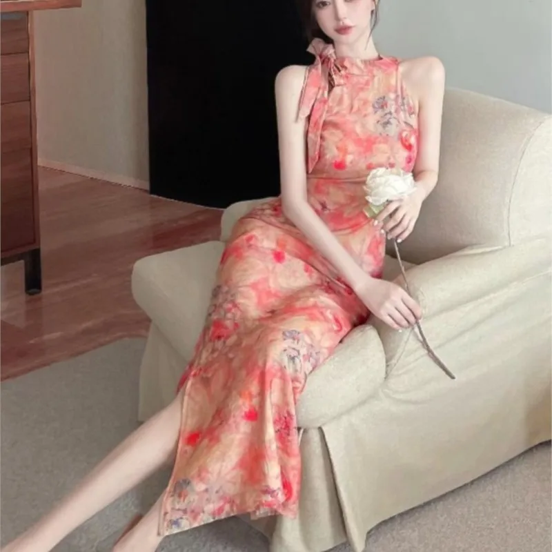 New Korean Style Fashionable Retro Oil Painting Printed Improved Cheongsam Lace-up Waist-Controlled Slimming Dress