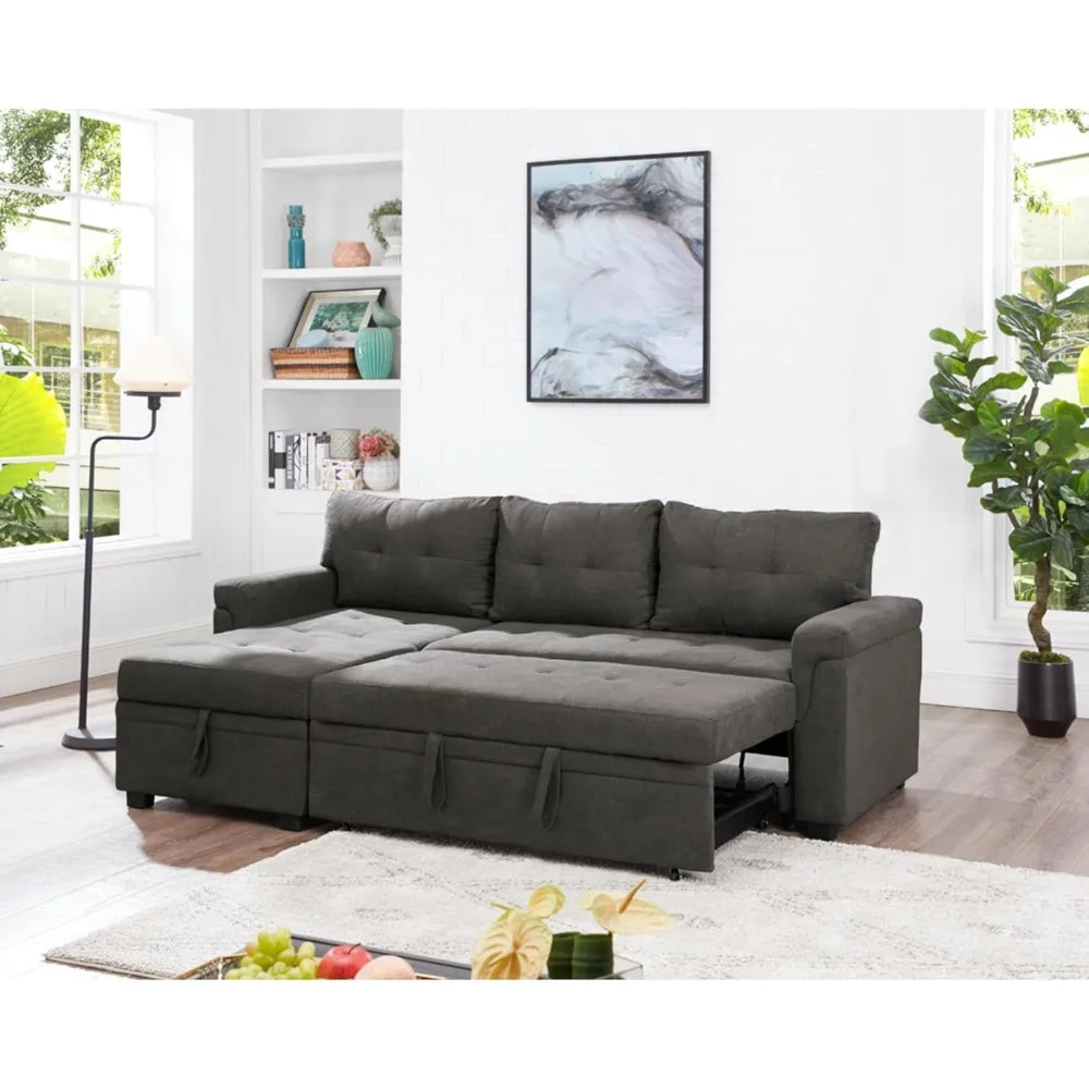 Home Tufted Sectional Sofa Sleeper with Storage Chaise, Pull-Out Couch with Storage, Sofa Bed, L-Shaped Reversible Sleeper Sofa