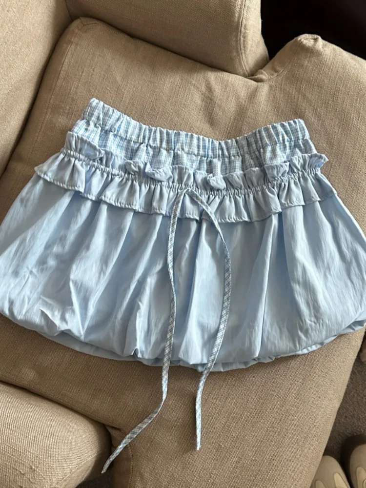 

Короткая юбка Dopamine Blue Bud, женская летняя новая юбка в корейском стиле, клетчатая пышная юбка до половины тела, плиссированная юбка с высокой талией из полиэстера...