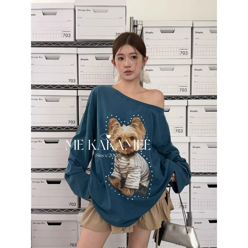 Pullover Cartoon Print Off-shoulder Long-sleeved T-shirt Women's Casual Commuting Top