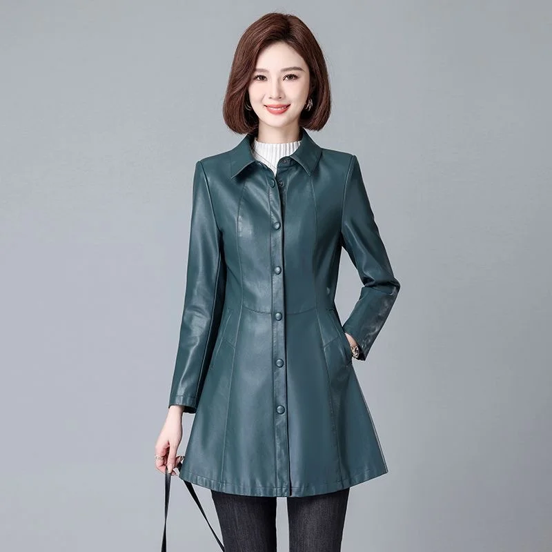 여성 가죽 양피 트렌치 코트 가을 겨울 패션 턴 다운 칼라 버튼 슬림 중간 길이 가죽 자켓 스플릿 가죽