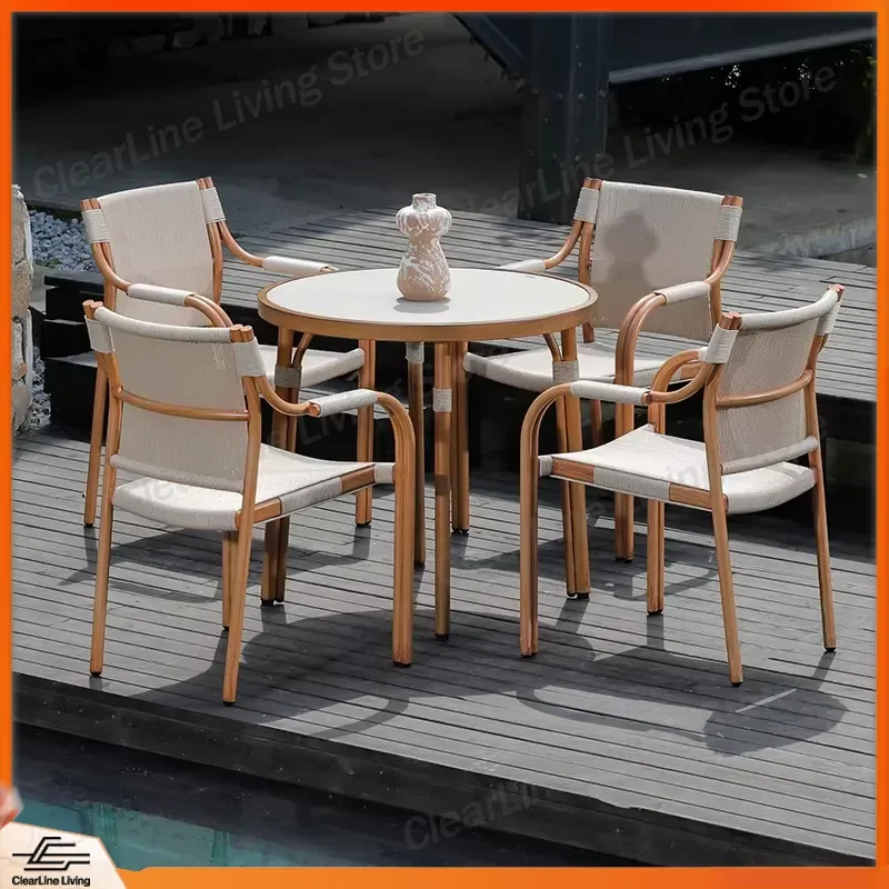 

Modern Steel Outdoor Dining Table Set Round Waterproof Stackable Garden Park Leisure Seating Patio Furniture for Adults