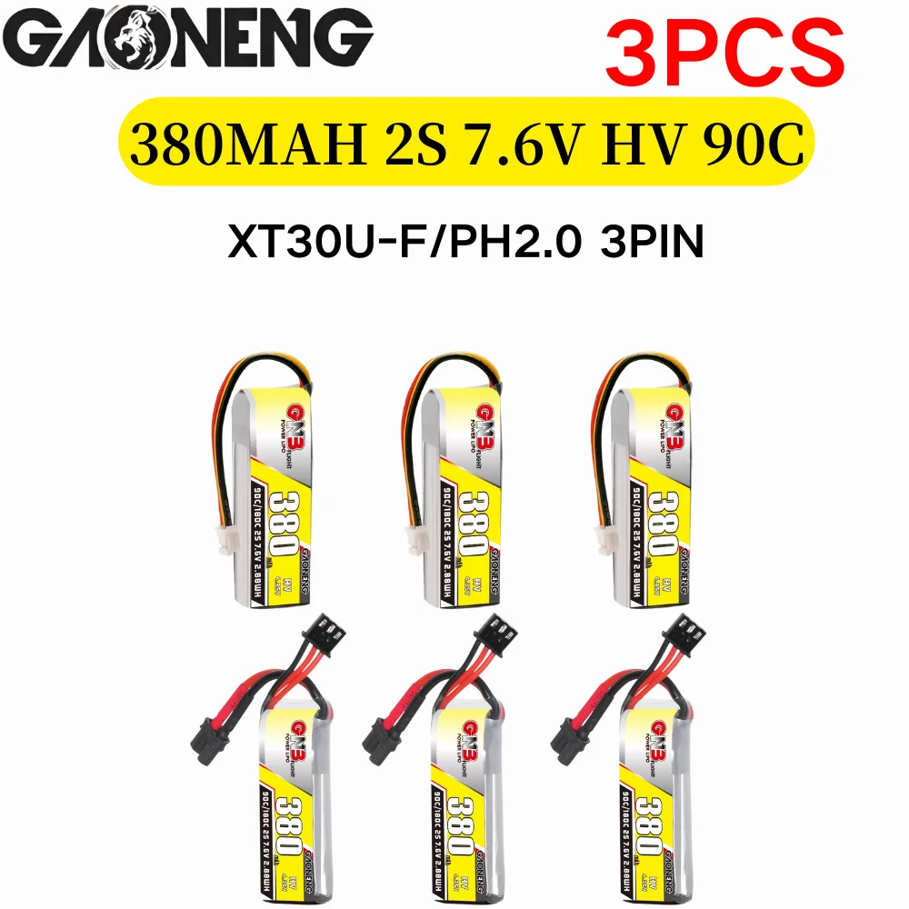 3 sztuki GAONENG GNB 2S 7.6V 380mAh bateria LiPo 180C HV z XT30U-F / PH2.0 3-pinowe złącze wtykowe do dron FPV Emax NanoHawk