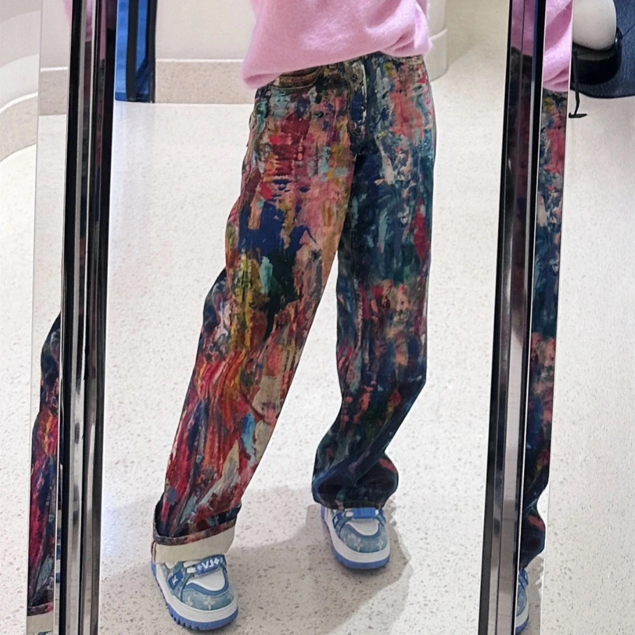 الدنيم بانت النساء الرجال طباعة الجينز واسعة الساق السراويل الطويلة عادية فضفاض عالية الخصر مستقيم بنطلون Y2k الشارع الشهير زر الجيب #2