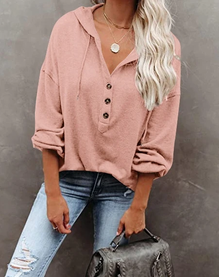 Autumn elegant women's hoodie casual long sleeve shirt women's V-neck button design loose top women's hooded drawstring pullover